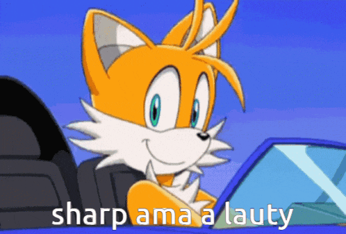 a cartoon of tails the fox driving a car with the words sharp ama a lauty below him