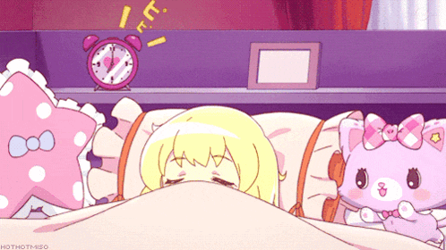 a girl laying in bed with a pink alarm clock behind her and the words hot hot miso on the bottom