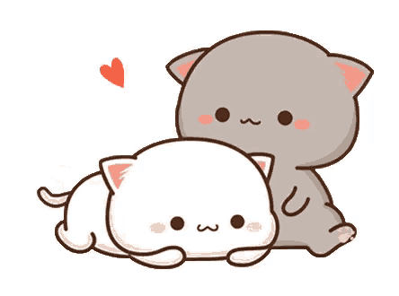 a couple of cats laying next to each other on a white background with a heart in the background .