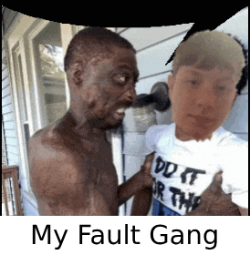 a shirtless man is standing next to a boy wearing a shirt that says do it for the fault gang .