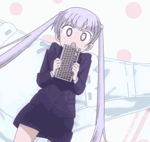 a girl in a suit is holding a keyboard