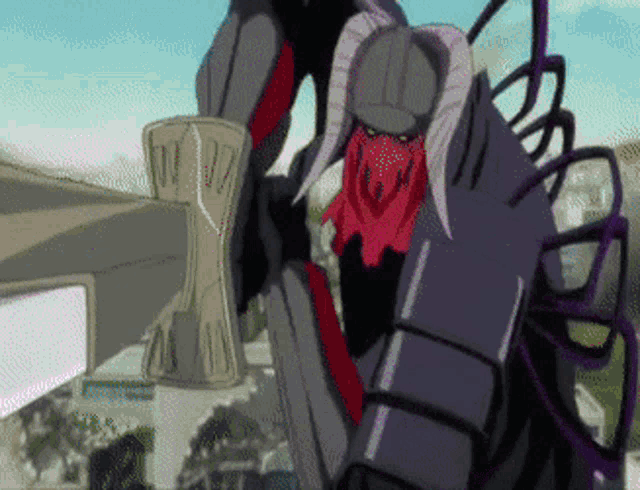 a cartoon character with horns and a red face is holding a hammer