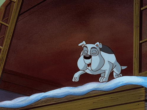 a cartoon dog is jumping out of a window with a sign in the background that says ' a.m. '