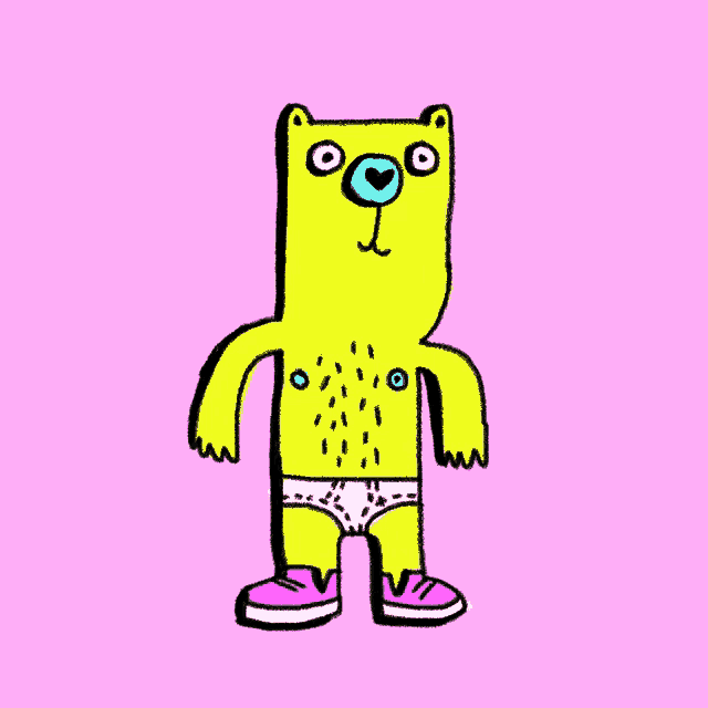 a cartoon of a bear wearing underwear and pink shoes