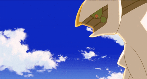 a cartoon character with a blue sky and clouds in the background