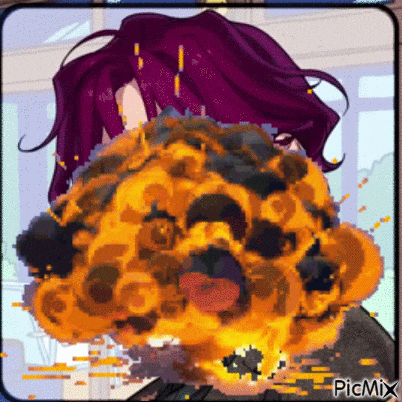 a pixel art of a girl with purple hair and a huge explosion in front of her face