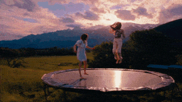 two women are jumping on a trampoline in a field with mountains in the background