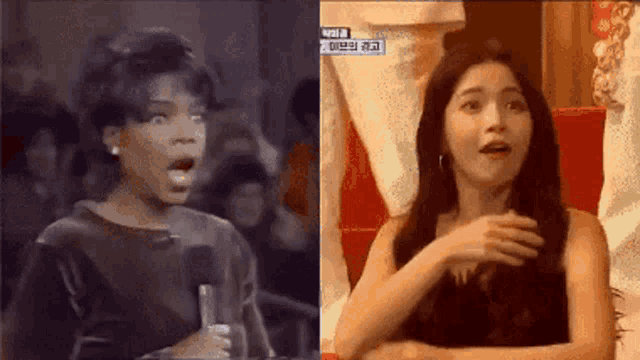 a woman with a surprised look on her face is next to a woman with a shocked look on her face .