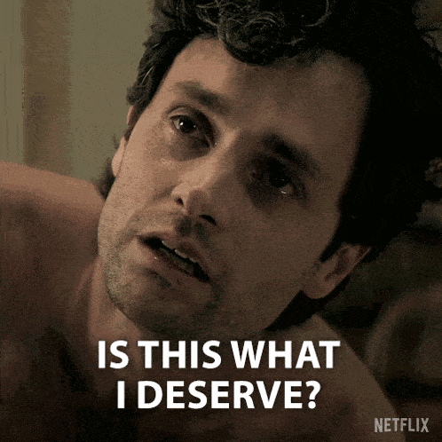 a shirtless man with tears in his eyes is asking is this what i deserve