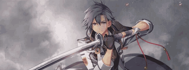 a cartoon character holding a sword with a cloudy sky behind him