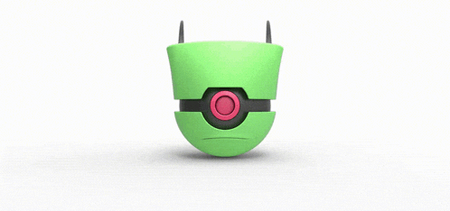 a green object with a pink eye and antennas
