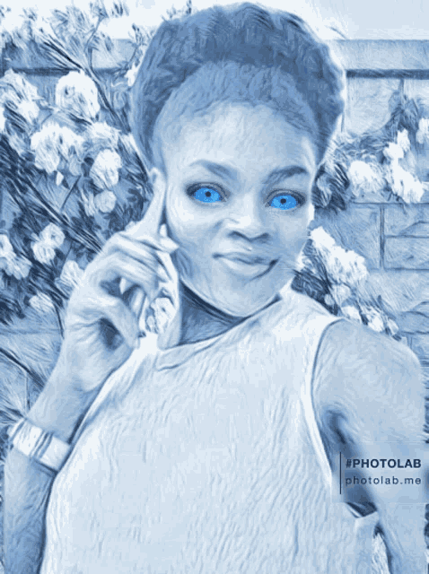 a drawing of a woman with blue eyes and the words photolab.me