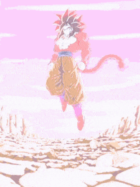 a cartoon of a man with a red tail standing on a rocky hillside