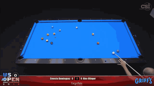 a pool table with a man holding a cue in front of a scoreboard that says griff 's