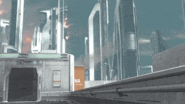 a futuristic city with a sign that says exit on it