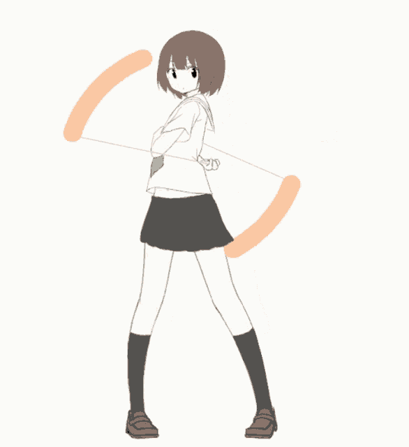 a drawing of a girl in a school uniform holding a sausage
