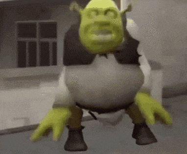 shrek is a cartoon character from the movie shrek and is standing on his hind legs .