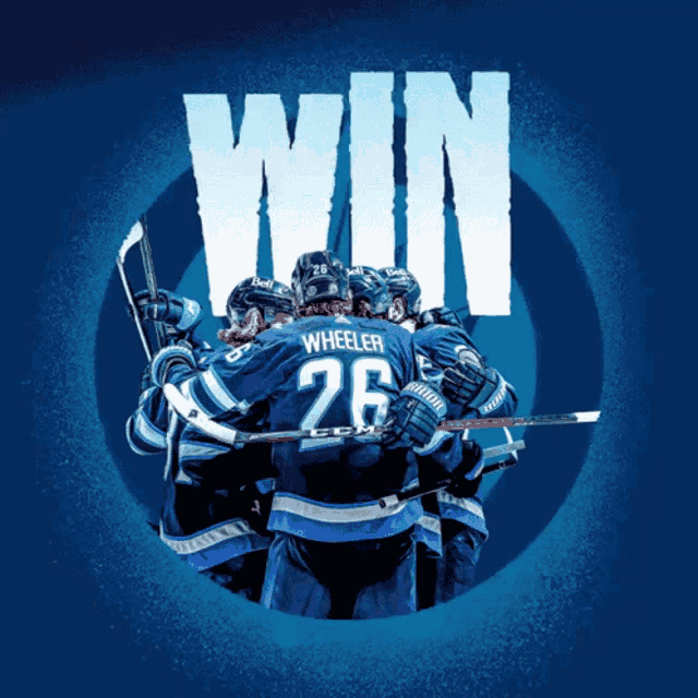 a group of hockey players huddle together with the word win in the background