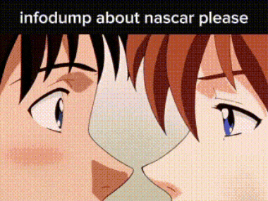 a cartoon of two people kissing with the words infodump about nascar please