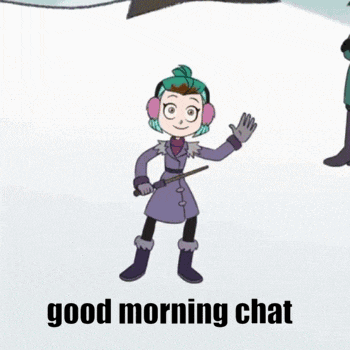 a cartoon character says good morning chat while holding a cane