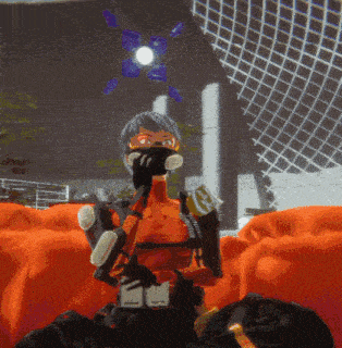 a person wearing a mask and holding a gun with the letter g on it