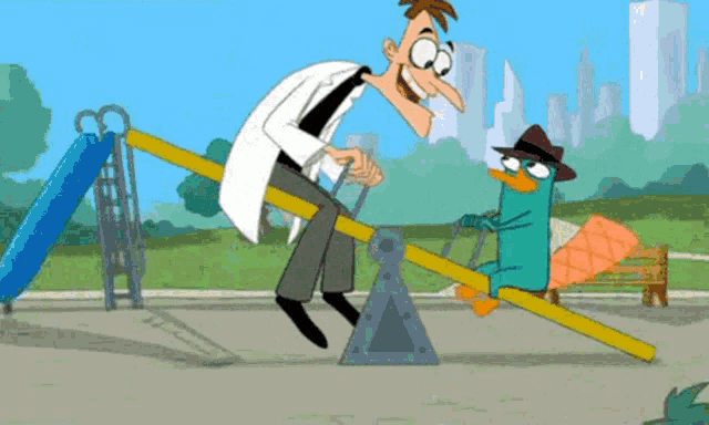 perry the platypus is sitting on a seesaw with dr. seuss