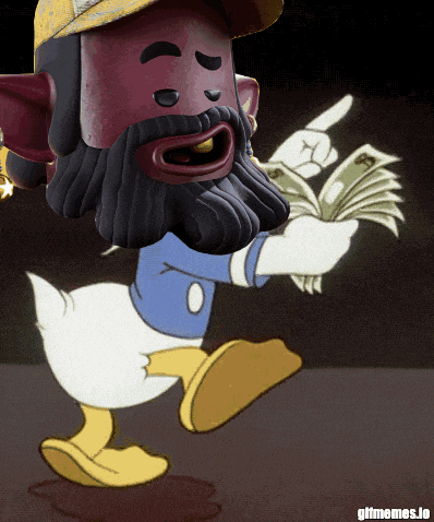 a cartoon character with a beard and a hat is holding a bunch of money