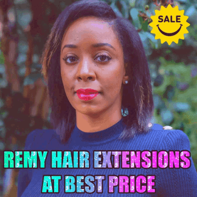 a picture of a woman with the words remy hair extensions at best price above her