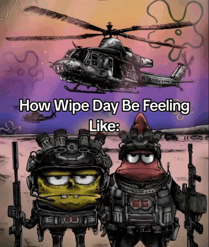 a cartoon of spongebob and patrick standing next to each other with a helicopter in the background