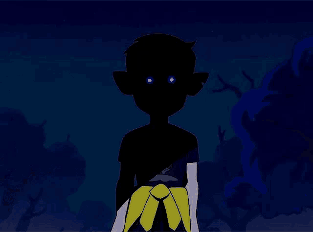 a silhouette of a boy with blue eyes and a yellow belt is standing in the dark .
