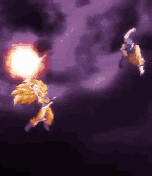 a pixel art of a person fighting another person with a purple background