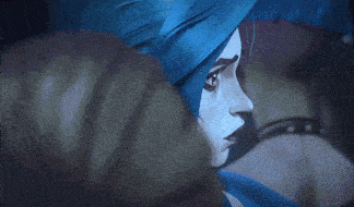 a close up of a person with blue hair and red eyes