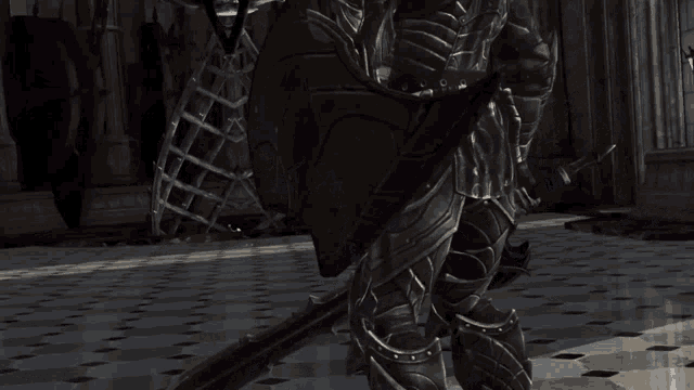 a knight in armor holds a sword and shield