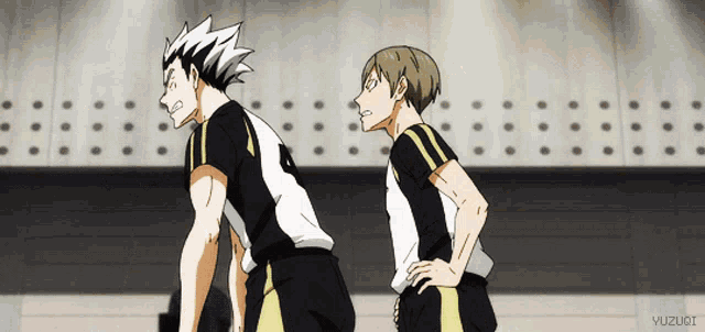 two anime characters are standing next to each other with their hands on their hips and a watermark that says yuzuoi