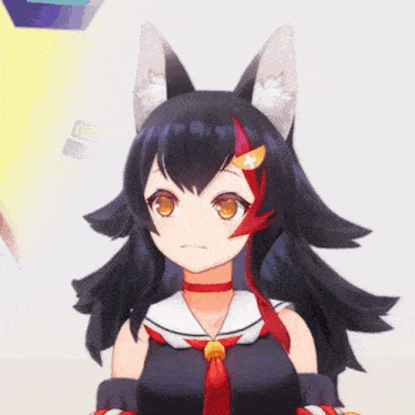 a close up of a anime character with a red and white stripe on her hair