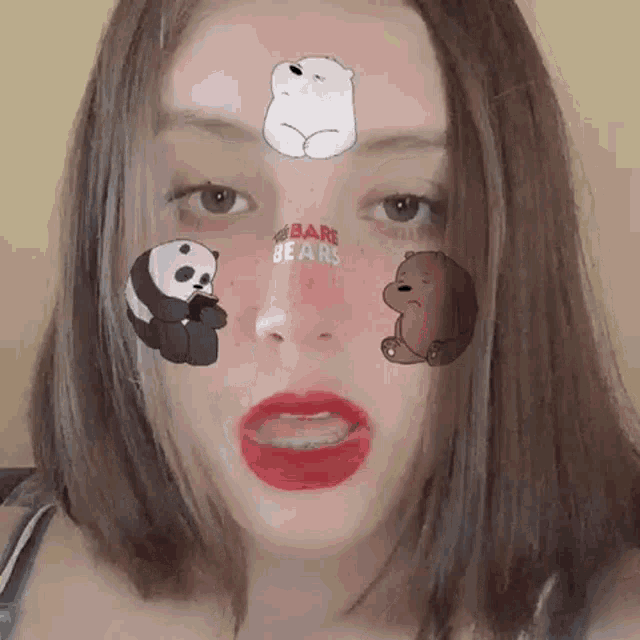 a woman with stickers of we bare bears on her face