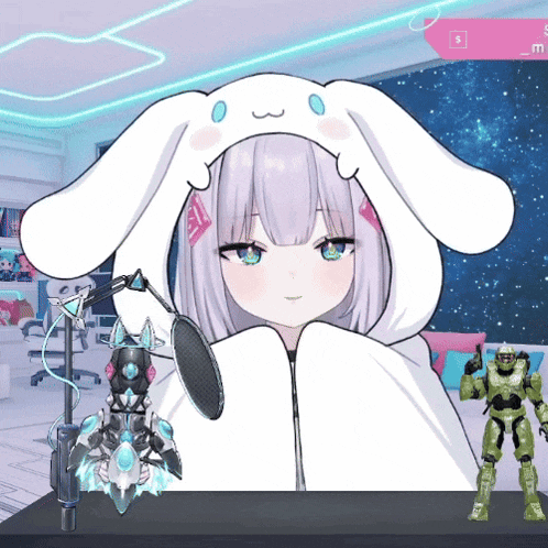 a girl wearing bunny ears stands in front of a microphone and a halo figure