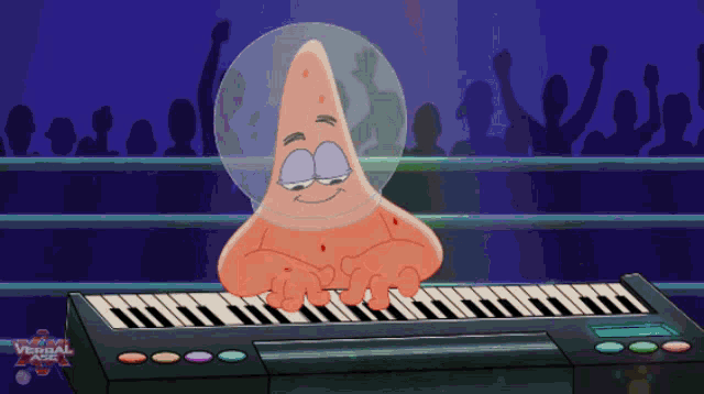 patrick star is playing a keyboard in front of a crowd and the words verbal ace are on the bottom right