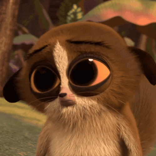 a close up of a cartoon animal with big eyes looking at the camera