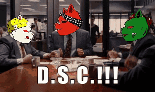 a group of people are sitting around a table with the words d.s.c.
