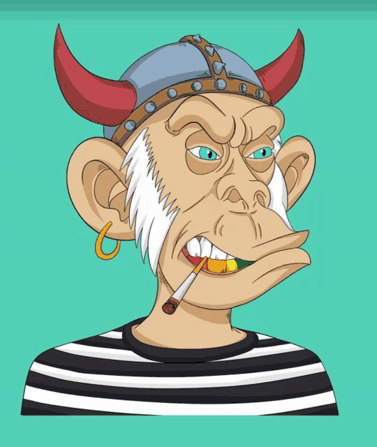 a cartoon of a monkey wearing a viking helmet and smoking a cigarette