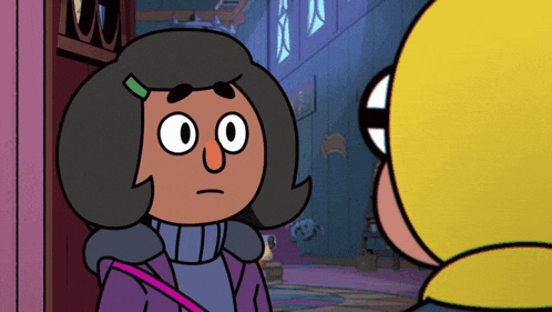 a cartoon character with a purple sweater and a pink purse