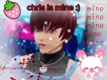 a drawing of a boy with the words " chris is mine " on it