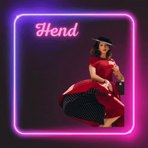 a woman in a red dress stands in front of a microphone with the words hend ahla mic above her