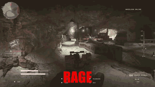 a picture of a military vehicle with the word rage in red