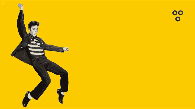 elvis presley is jumping in the air in front of a sign that says vrij mi boo000000