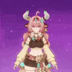 a girl with horns is standing in front of a purple background in a video game .