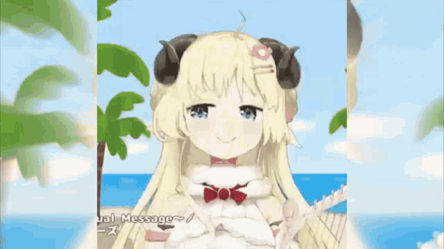 a cartoon girl with horns is standing in front of a palm tree .