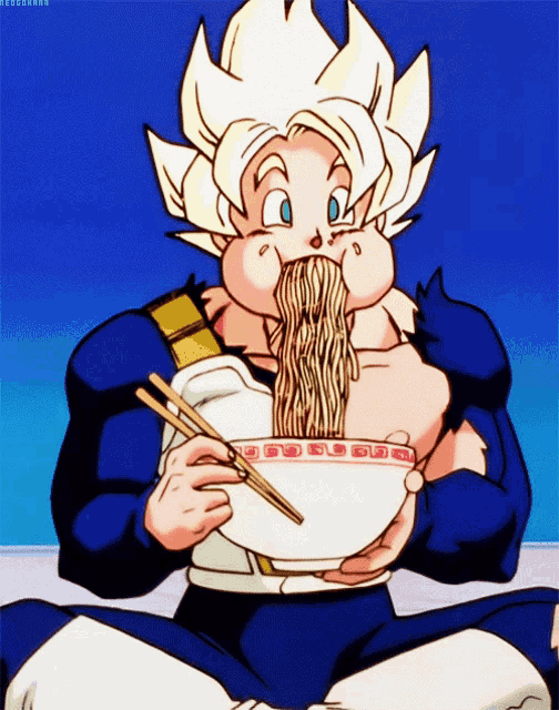a cartoon character is eating a bowl of noodles