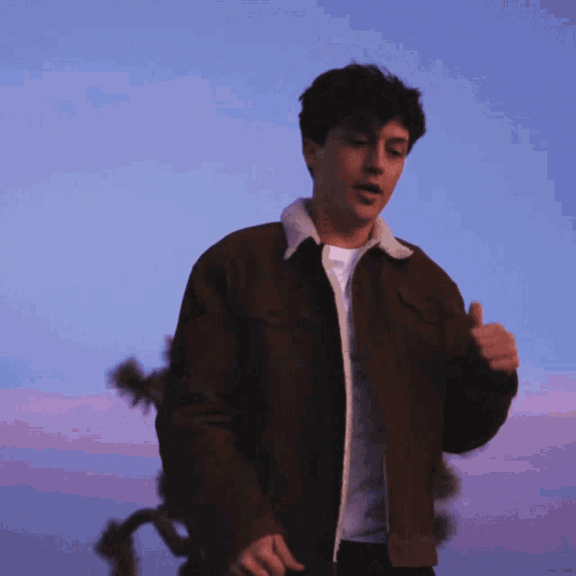 a man wearing a brown jacket and a white shirt stands in front of a purple sky